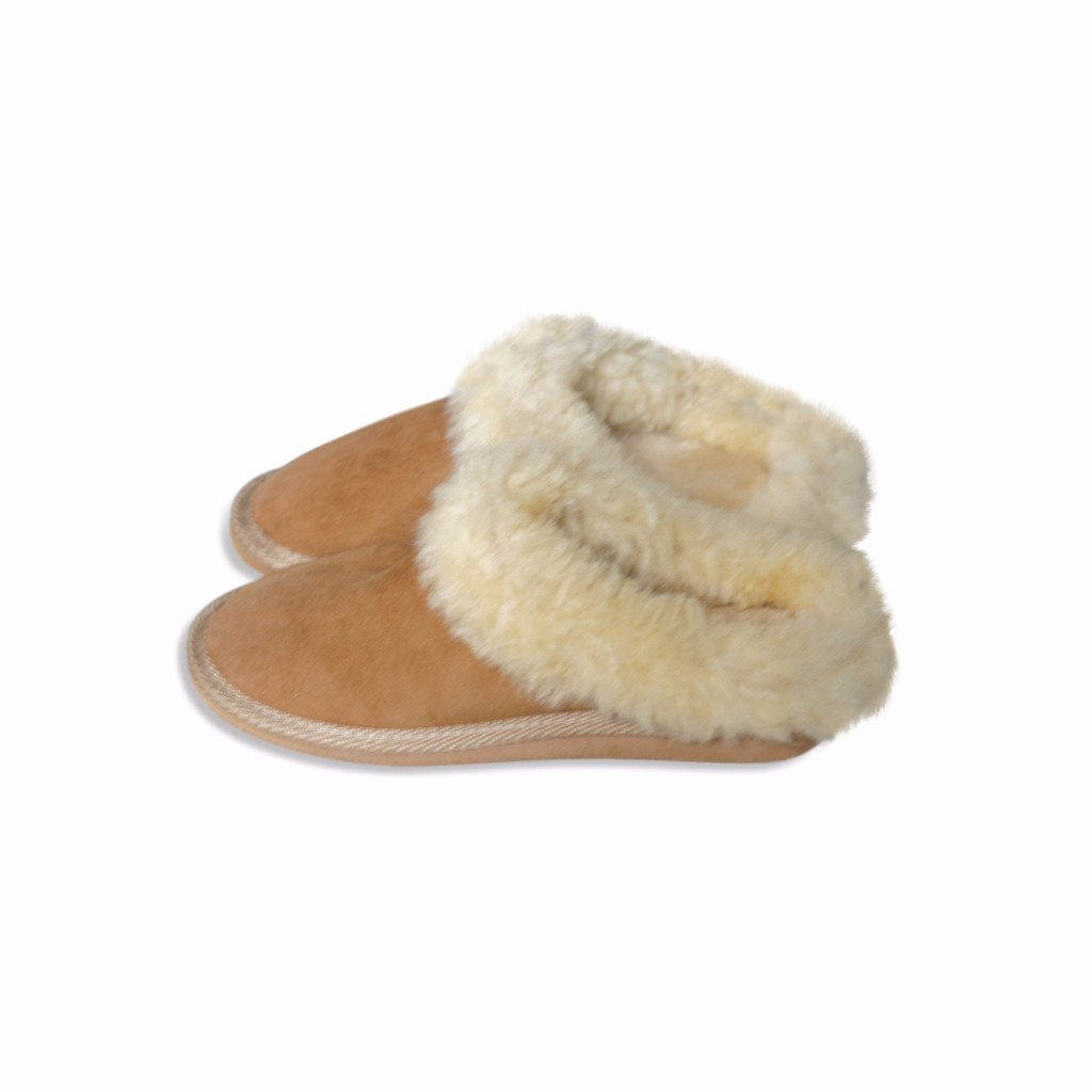 Slippers i rulam med pelskant - 100% lammeskind - RumRum